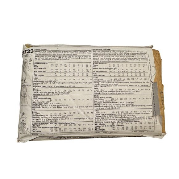 Vintage Simplicity 3723 Womens Colonial Costume Sewing Pattern Size HH 6-8-10-12 - Picture 2 of 3